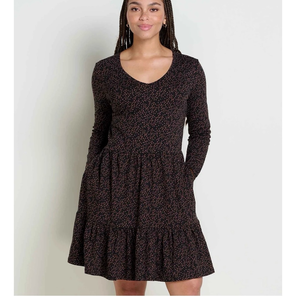 Toad&Co Black Dot Print Marley Tiered Long Sleeve Dress